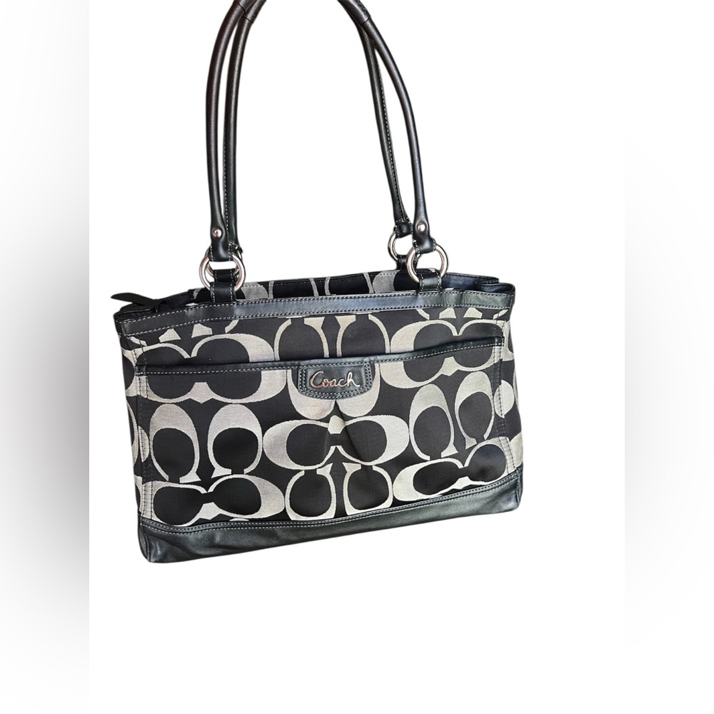 Coach Signature Black/Gray Canvas Leather Tote Handbag L1220-F19741